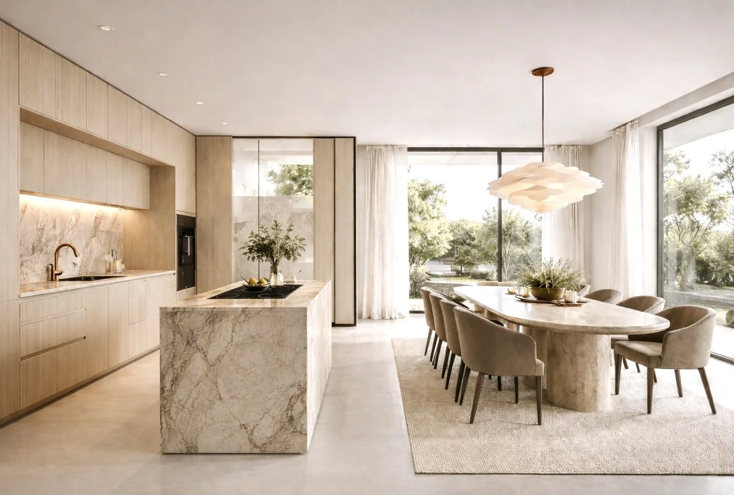 A modern, open-concept kitchen and dining area with light wood cabinets, marble countertops, and a large marble dining table surrounded by beige chairs. Large windows let in natural light and offer a view of trees outside. A chandelier hangs over the dining table, and a plant decorates the kitchen island.