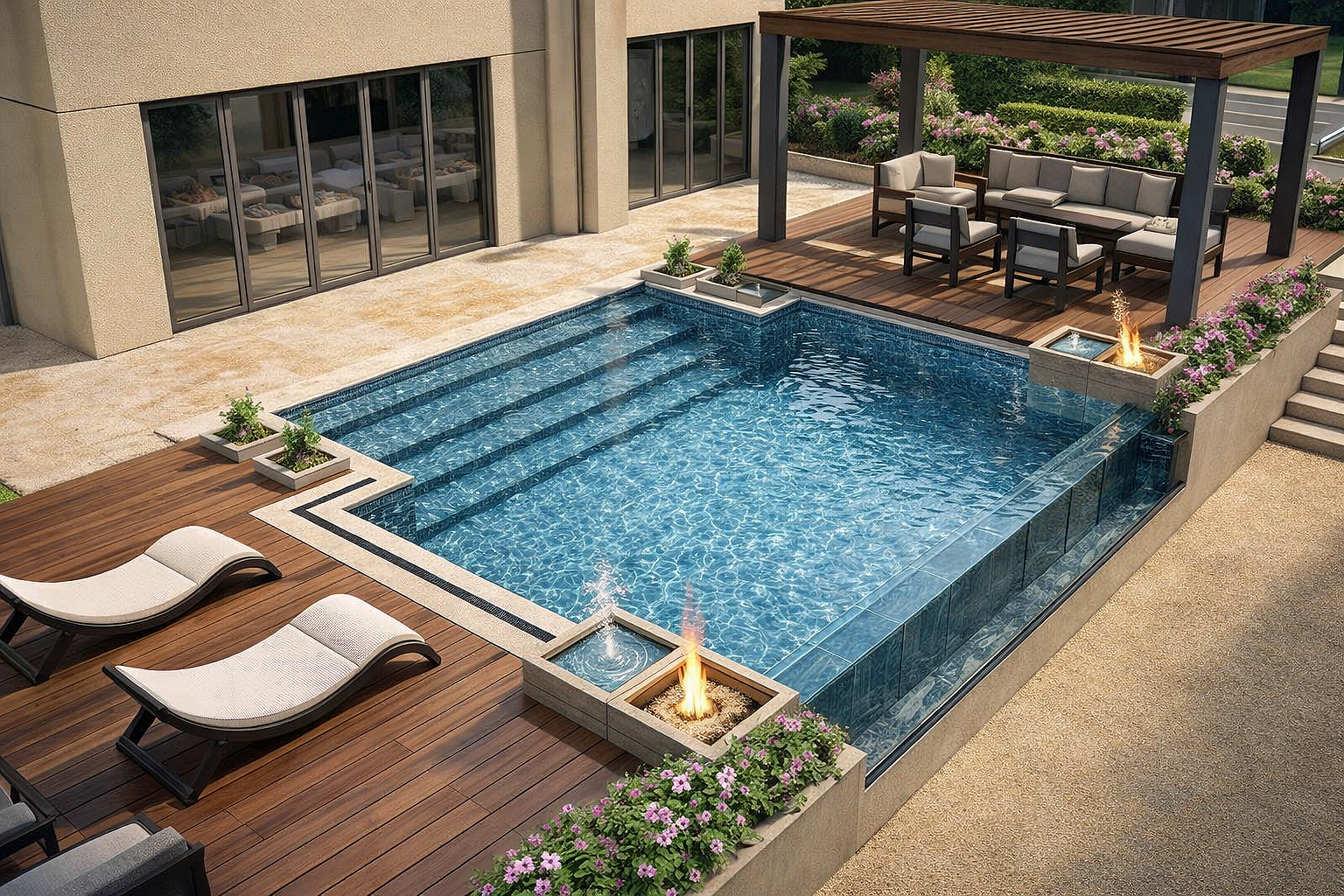 A modern backyard swimming pool area with wooden decking, lounge chairs, a seating area with a canopy, and landscaped flowers, adjacent to a house with large glass sliding doors.