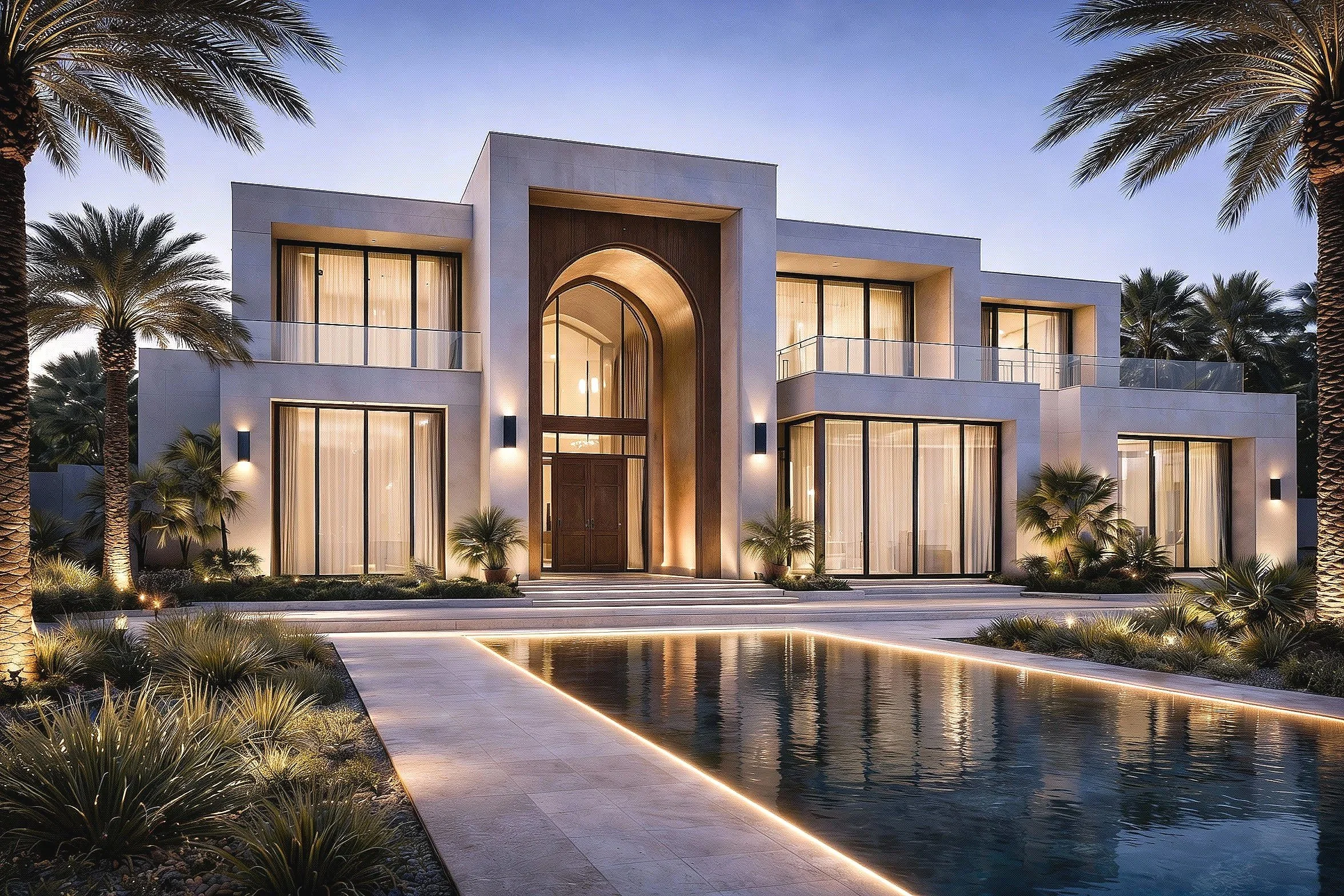 A modern luxury house with large glass windows, tropical landscaping, palm trees, and a swimming pool in the foreground during the evening.