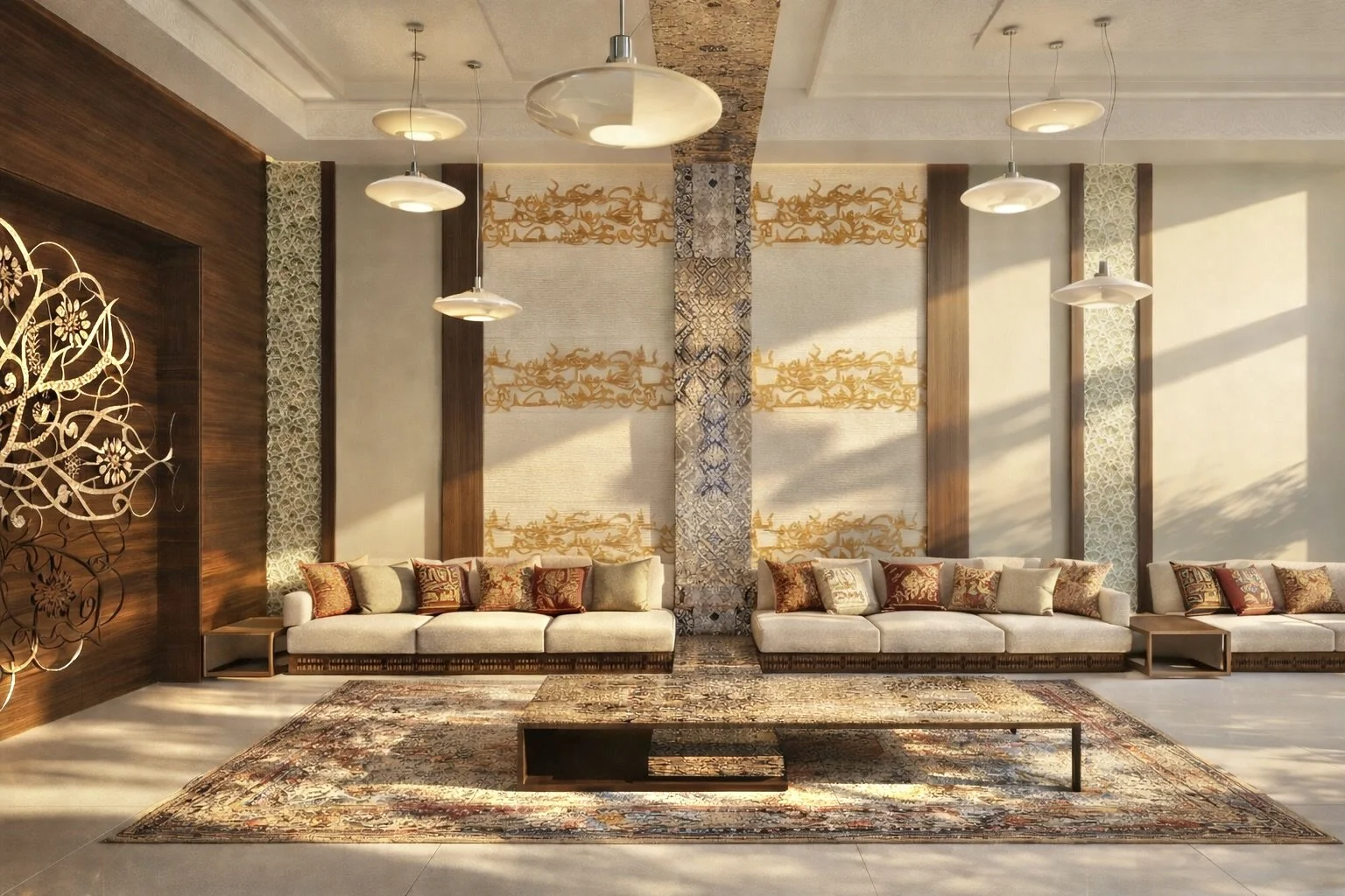 Elegant lobby with three beige sofas, decorative pillows, a patterned area rug, and a modern coffee table. The wall features intricate wood and gold art accents, with tall white pendant lights and sunlight casting shadows on the wall.