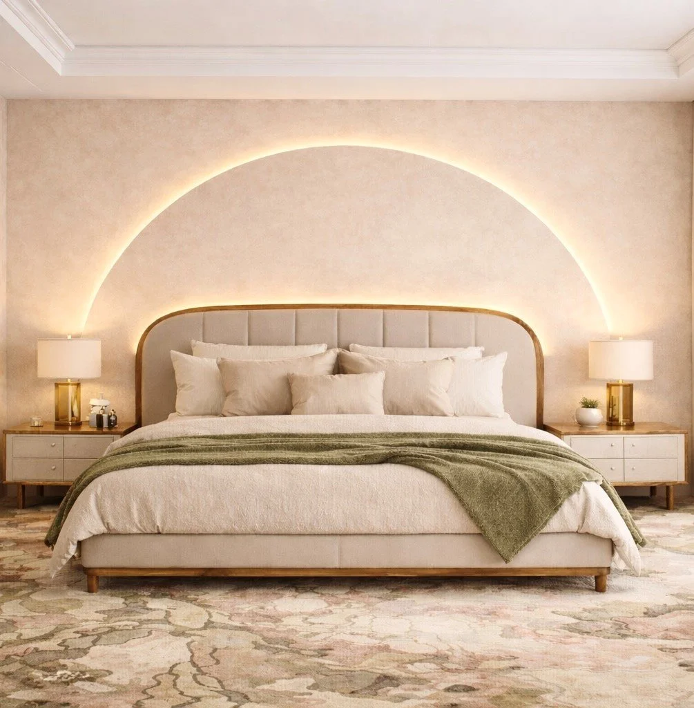 A neatly made bed with multiple white pillows, a beige headboard, and a green blanket, flanked by two nightstands with lamps, in a softly lit bedroom with a decorative arched lighting feature on the wall.