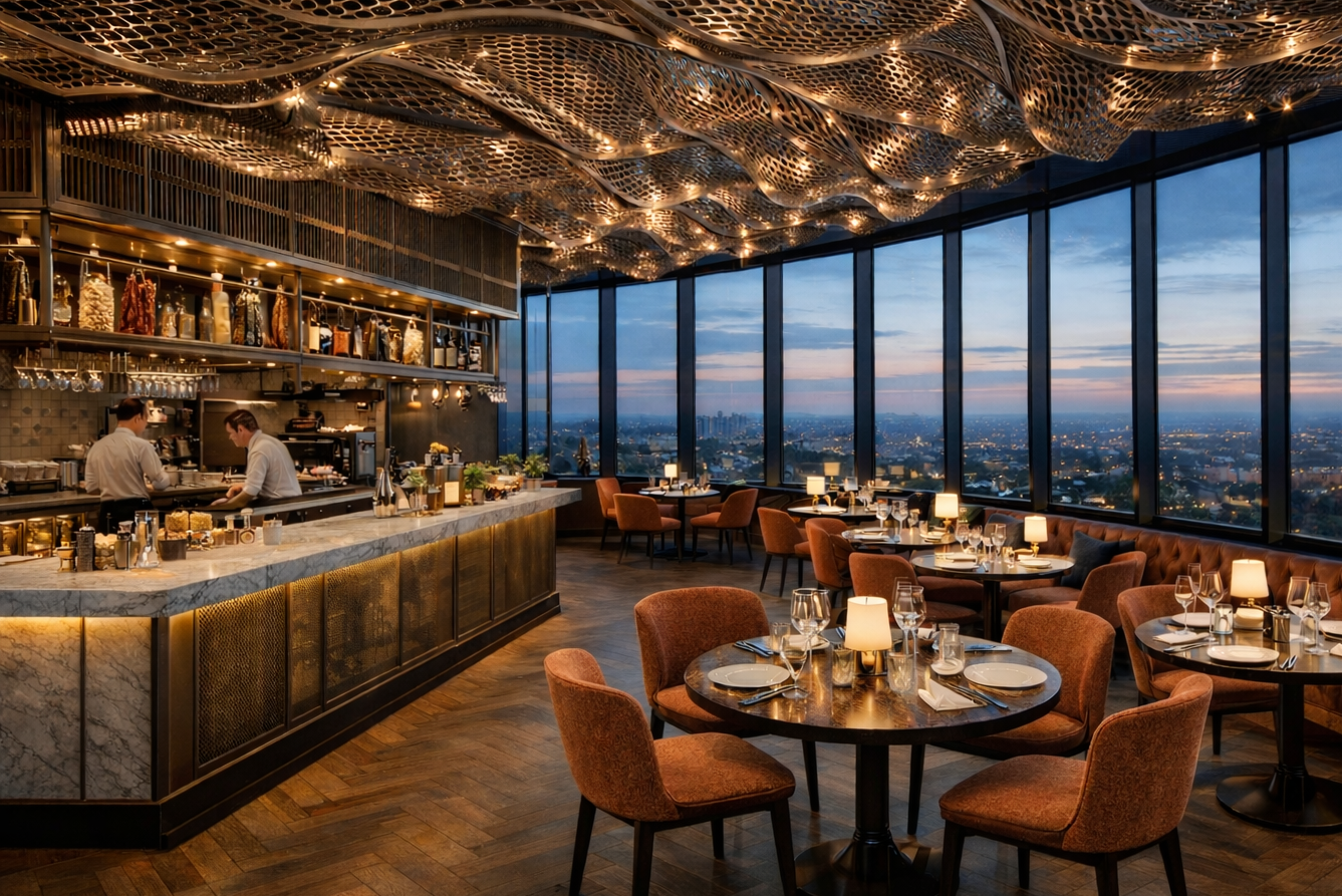 Elegant restaurant with round tables, orange upholstered chairs, and a marble bar counter. Large windows overlook a cityscape at dusk, with a decorative, wavy, metallic ceiling design and warm lighting.