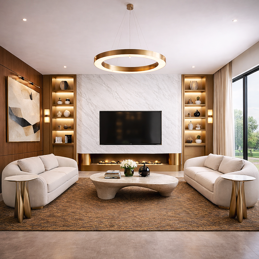 Modern living room with two white sofas, a central stone coffee table, a large wall-mounted TV, built-in shelves with decorative items, a large window with curtains, and contemporary lighting fixtures.