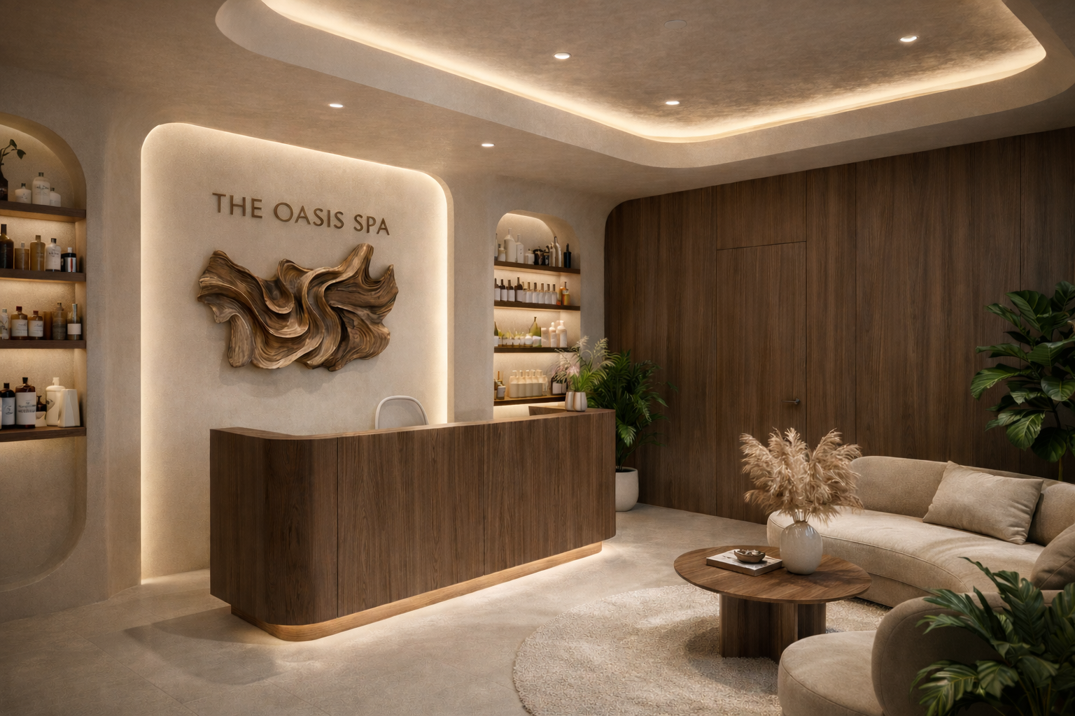 Reception area at The Oasis Spa featuring a wooden reception desk, decorative wall art with the spa's name, alcove shelves with spa products, green plants, a beige sofa with pillows, a round coffee table with a vase of pampas grass, neutral-colored flooring, and warm lighting.