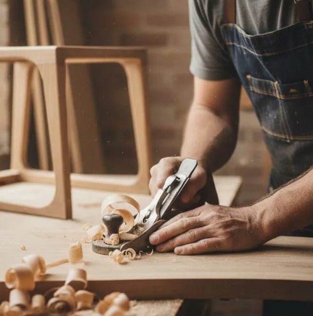 Person using a hand planer on a wooden piece in a woodworking workshop.