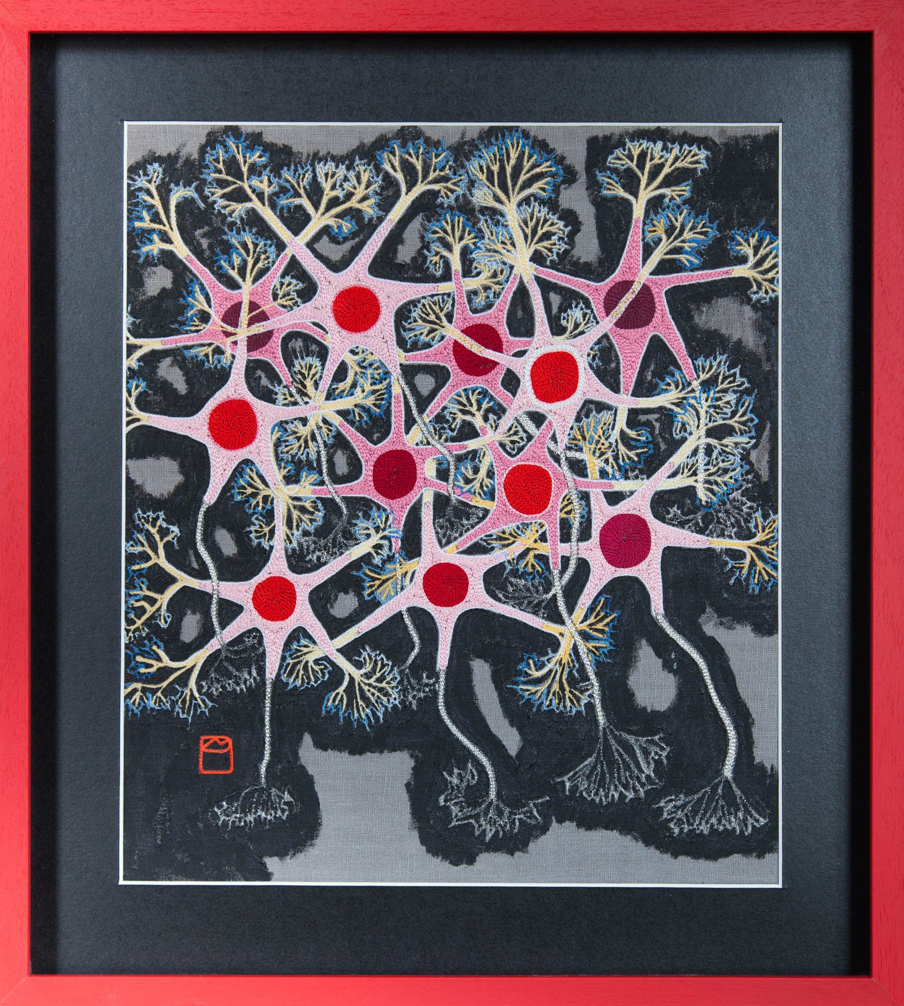 Dans l’arborescence des neurones
Broderie main, peinture,
H46xL41cm,
2020, Photo Alain Scherer
