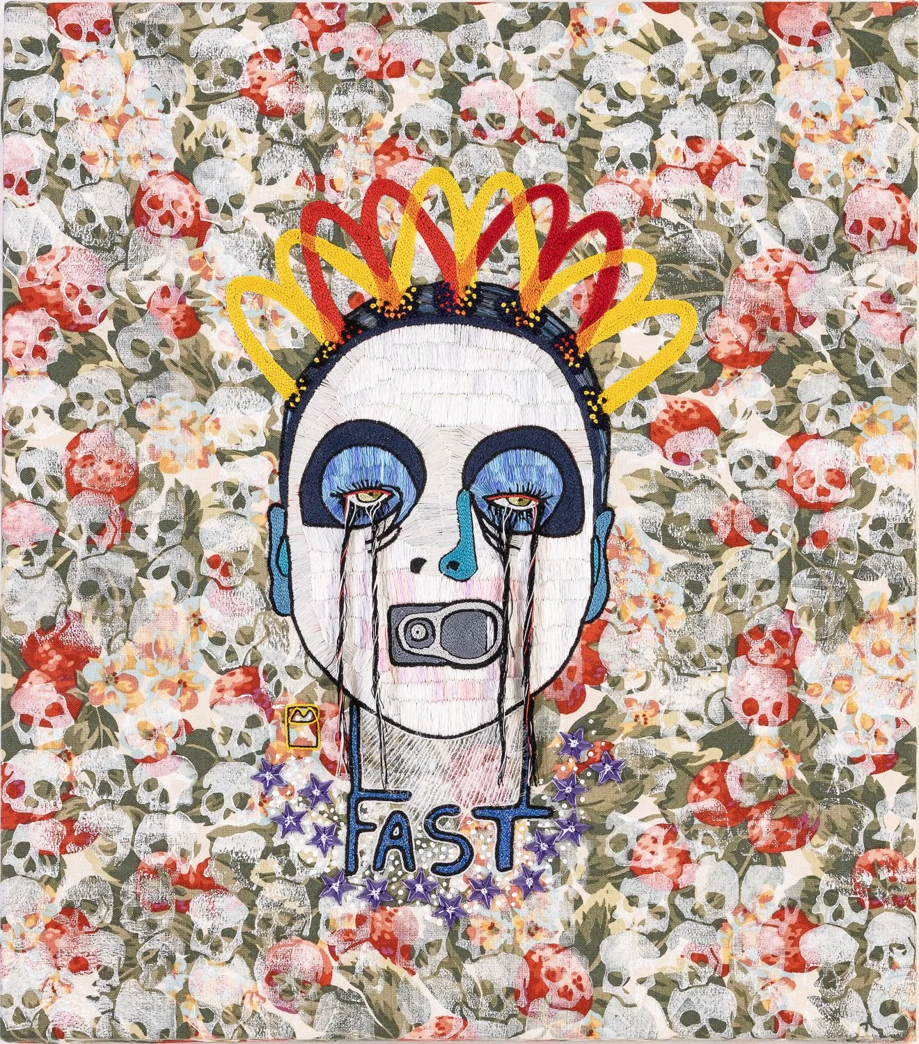 FAST, 
broderie main, gravure, peinture
H46xL40cm
2020, Photo Alain Scherer