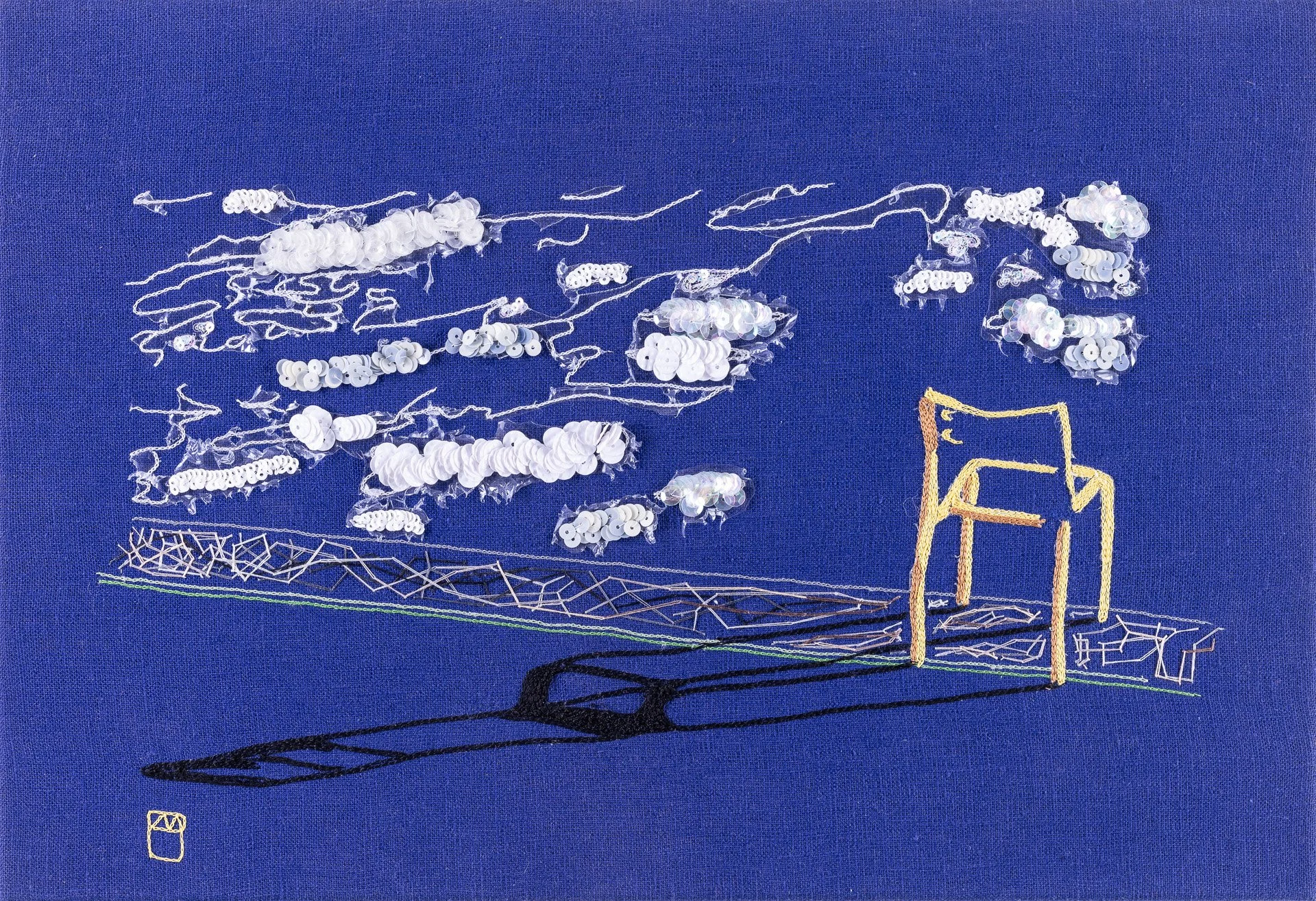 BLEU VIDE , 
broderie au crochet sur plastique et tissu
2024, H27x 38 cm,
2024, Photo Alain Scherer