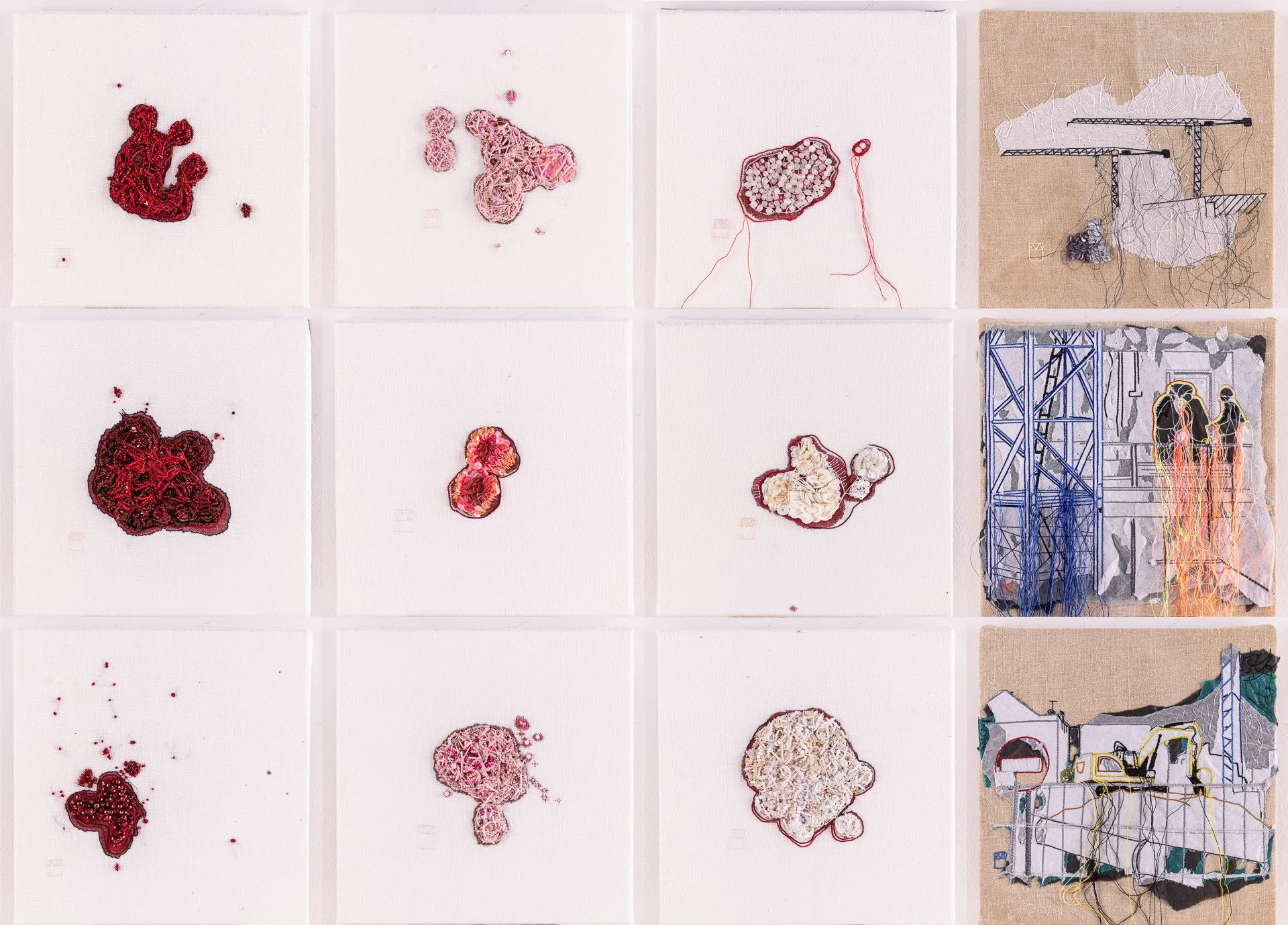 Process
Broderie main sur tissu et papier de soie, encre
Série de douze tableaux de 20X20cm
2025
Photo Alain Scherer