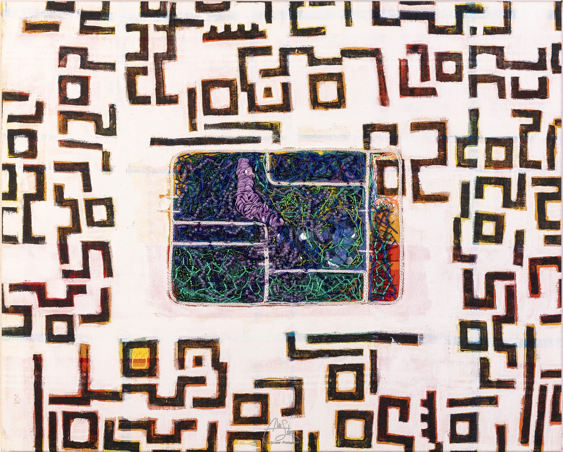Le Havre de paix
Broderie sur lin, gravure, peinture, perles
H34x45cm
2025- Photo Alain Scherer