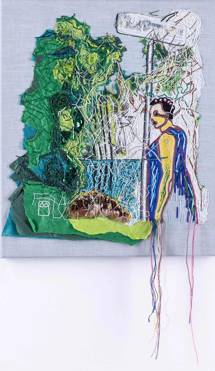 Entre deux mondes, 
broderie au crochet sur papier et tissu 
H34xL29
 2024, Photo Alain Scherer