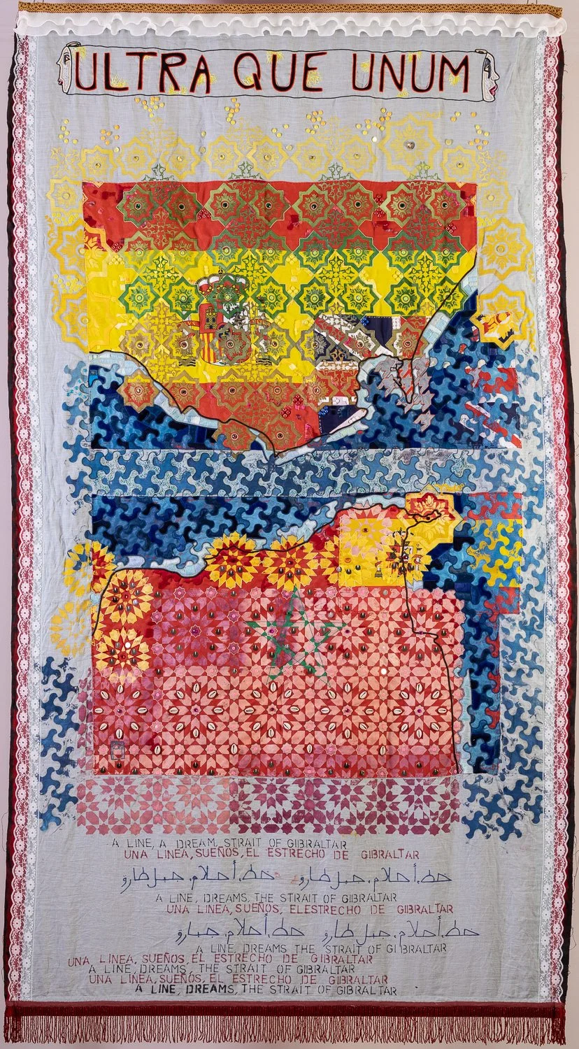 A line, a dream, strait of Gibraltar
Broderie, appliqués, gravure, peinture, perles, H200xL160cm, 2020
Photo Alain Scherer