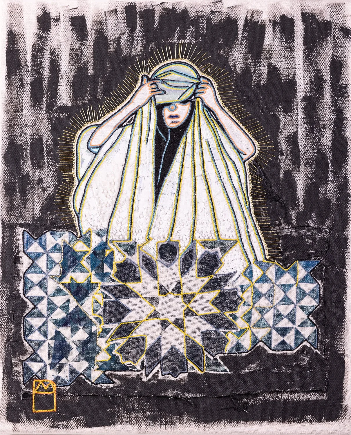 Transition,
Broderie, linogravure, peinture
40 x 33 cm 
2022- Photo Alain Scherer