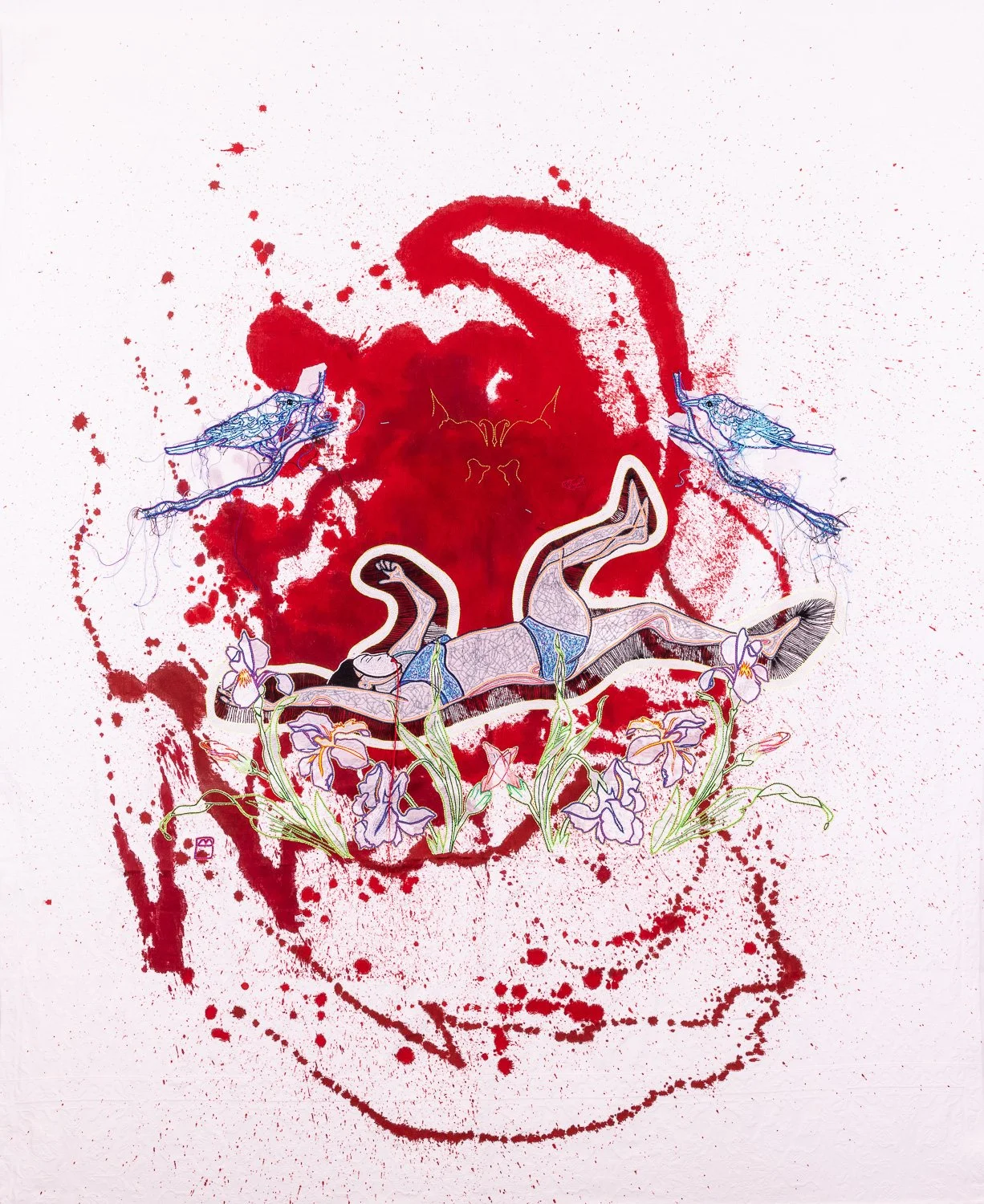 La dormeuse
Broderie sur nappe ancienne et papier de soie, encre, H100cmx150cm, 2022
Photo Alain Scherer

