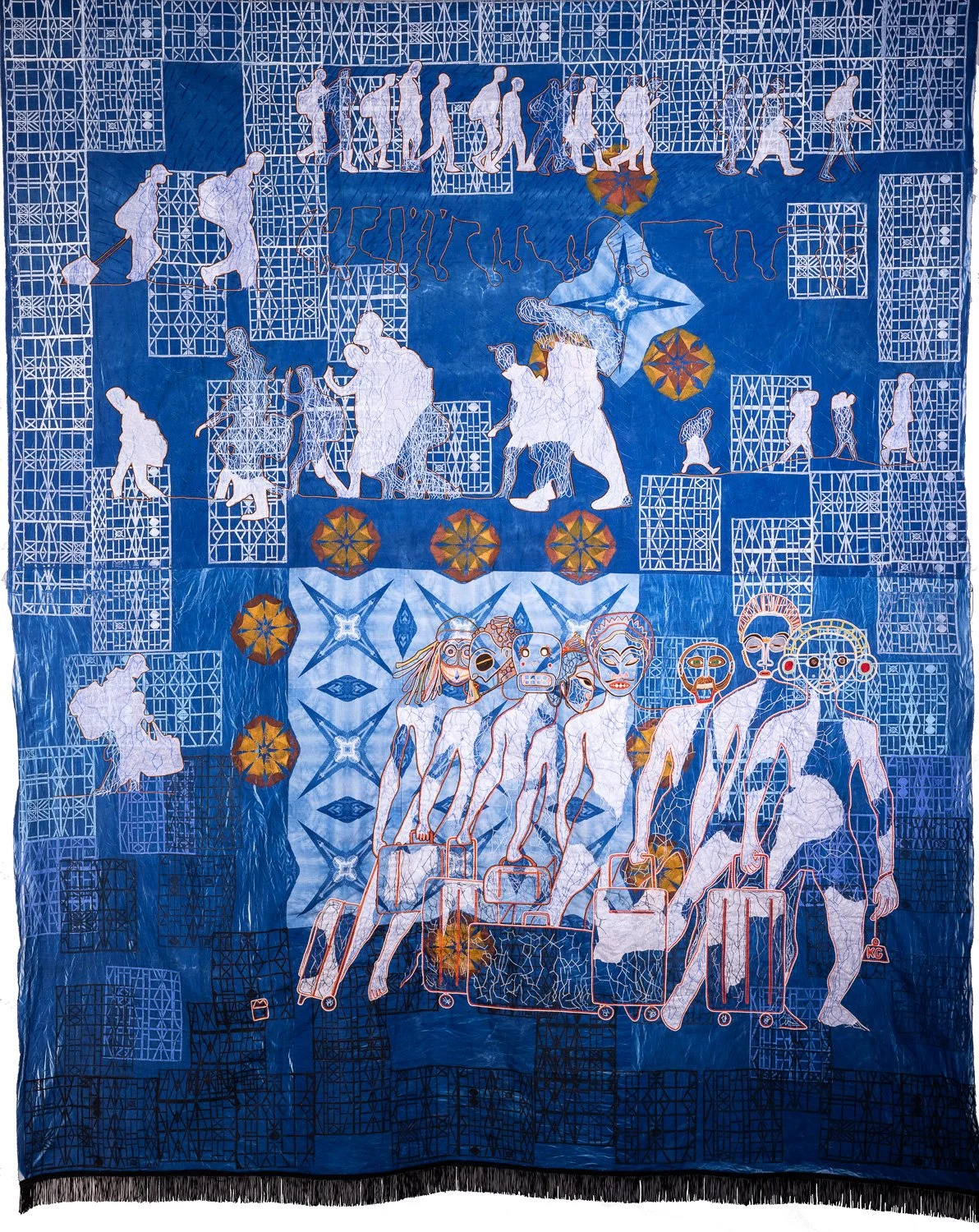 TRAFICS-Broderie sur tissu et papier, gravure. Collaboration avec Cat Wilson pour l’impression au cyanotype. H200×L165 cm-2022- création Marie Pourchot-Photo Alain Scherer