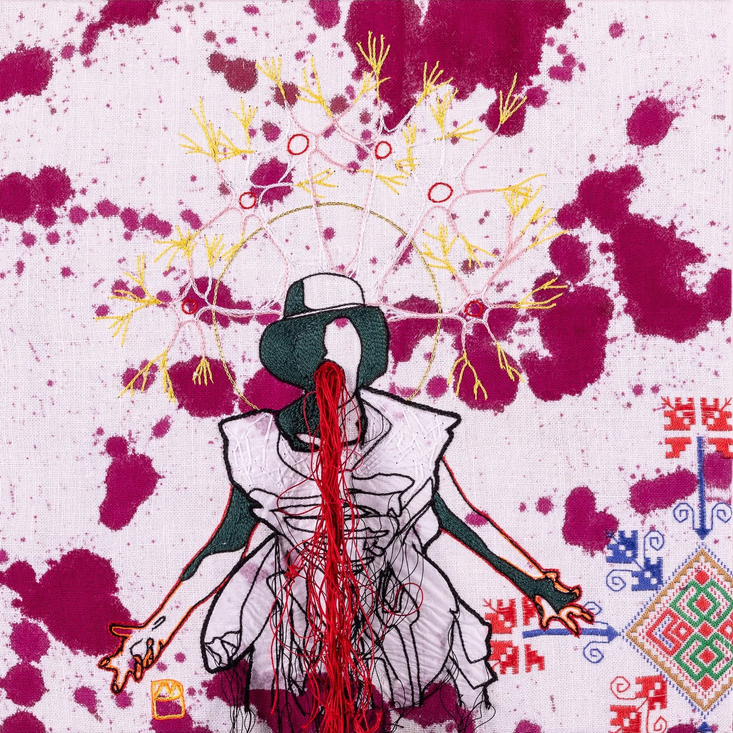 Quand le rêve devient cauchemar
Broderie sur textile ancien et papier, encre, 40x40cm, 2022
Photo Alain Scherer
