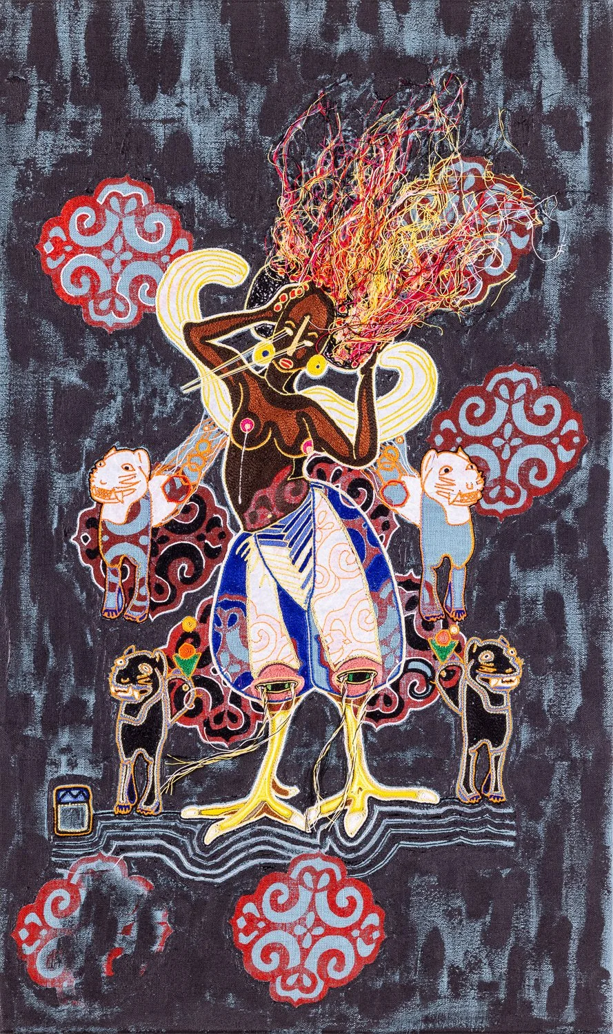 L’embrasement d’Ishtar, 
linogravure, broderie, peinture, papier, 
H60cmx35cm, 
2022, Photo Alain Scherer