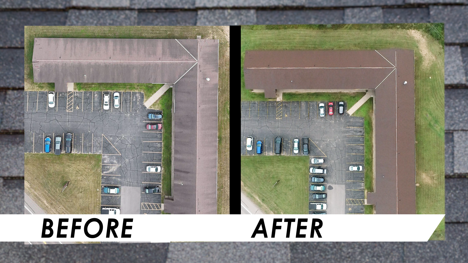 Comparison of a parking lot and building exterior before and after repairs or upgrades, with visible parking spaces and cars.