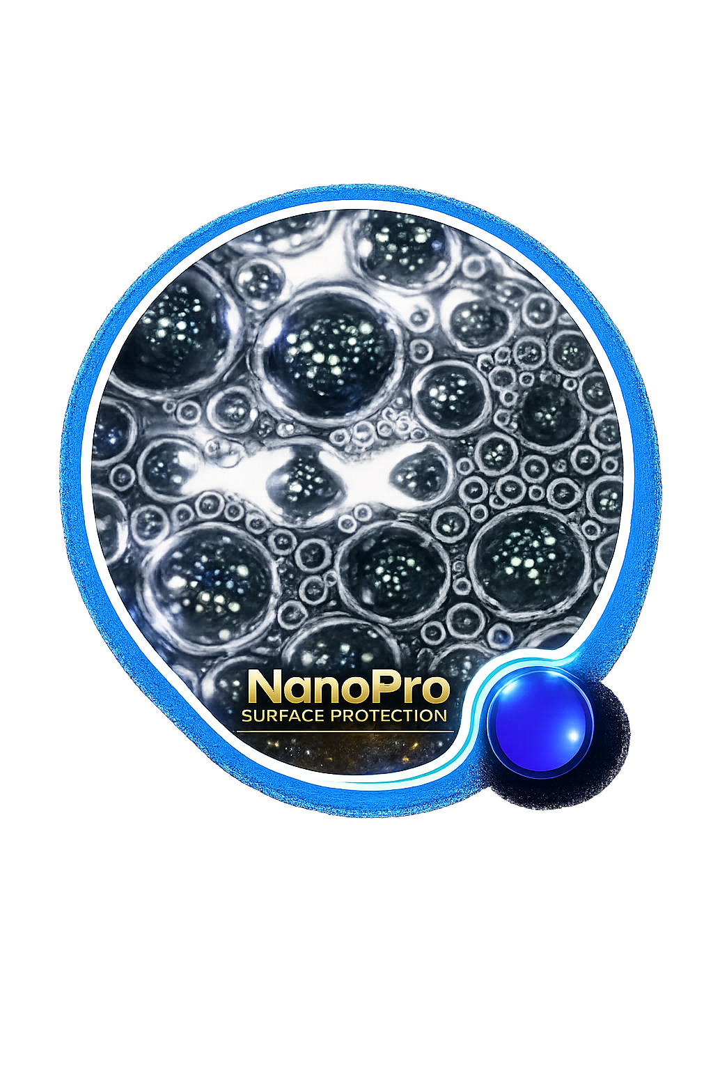 Close-up of a bottle labeled 'NanoPro Surface Protection' with a design of bubbles on the front.
