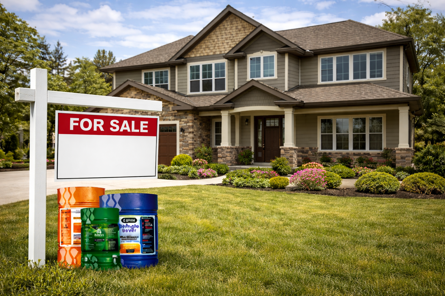 A two-story house with a flower garden and a 'For Sale' sign in the front yard. The sign has a blank space below the text.