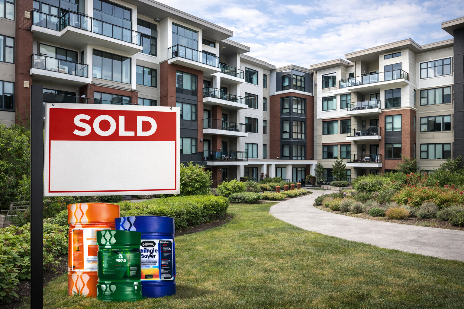 An apartment building with multiple balconies and large windows, and a landscaped lawn with a curved pathway. A 'SOLD' sign with empty space and paint cans in orange, green, and blue are in the foreground.