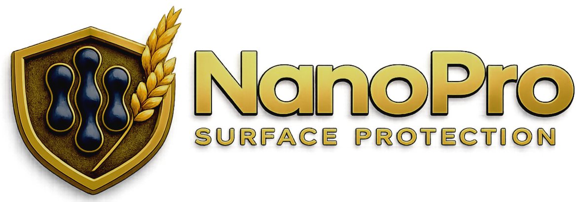 Logo with a shield containing three black drops and a wheat stalk, next to the text 'NanoPro Surface Protection' in gold and black.