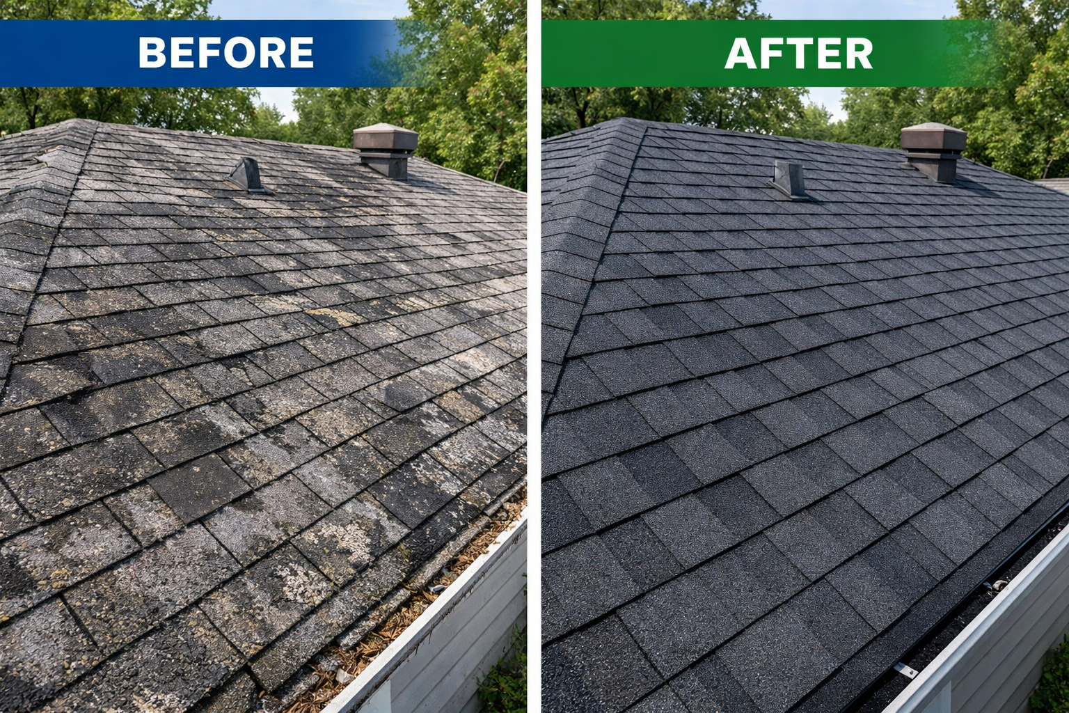Side-by-side comparison of a roof before and after cleaning or replacement method. The 'before' side shows a roof with stained, moss, and dirt-covered shingles, while the 'after' side shows a clean, new-looking roof with dark, uniform shingles.