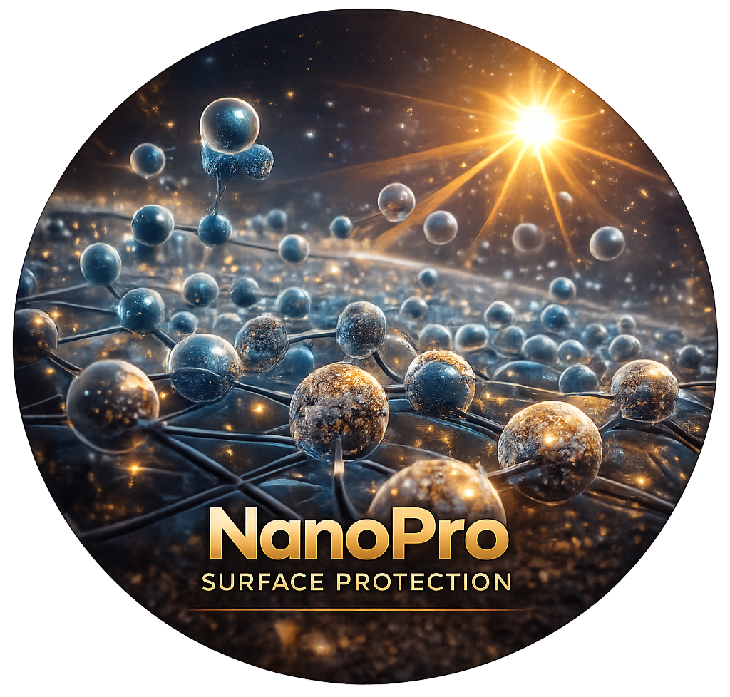 Close-up of a stylized depiction of molecules with a sunburst in the background, representing nanotechnology, overlaid with the text 'NanoPro Surface Protection'.