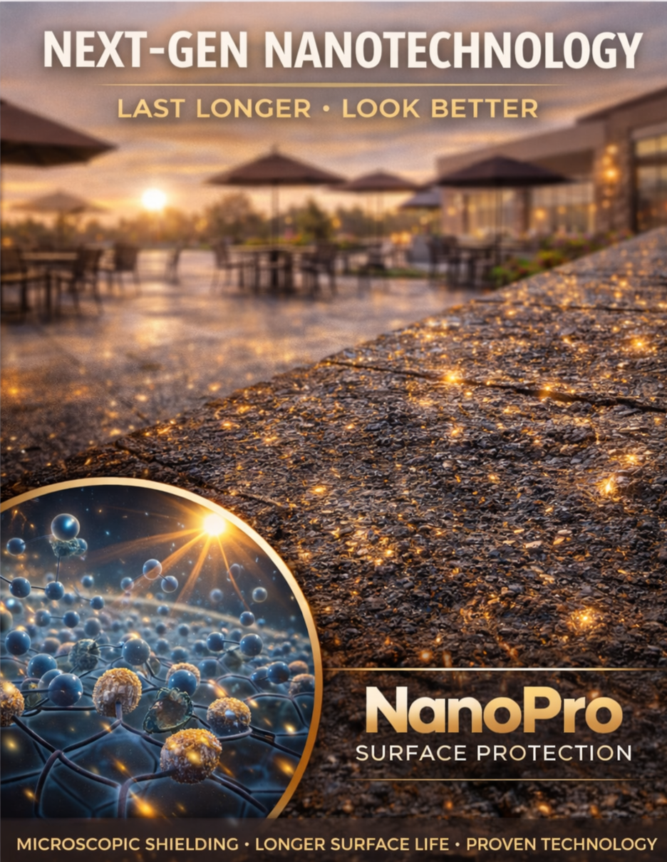 A promotional image for NanoPro surface protection showcasing a sparkling, waterproof surface with an outdoor patio in the background at sunrise or sunset. Contains a close-up atomistic illustration of nanotechnology particles.