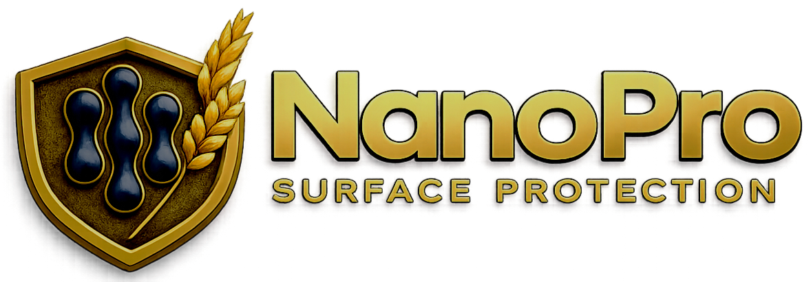 Logo for NanoPro Surface Protection featuring a shield with dark blue nano particles and a wheat stalk, with the text 'NanoPro Surface Protection' in gold and black letters.