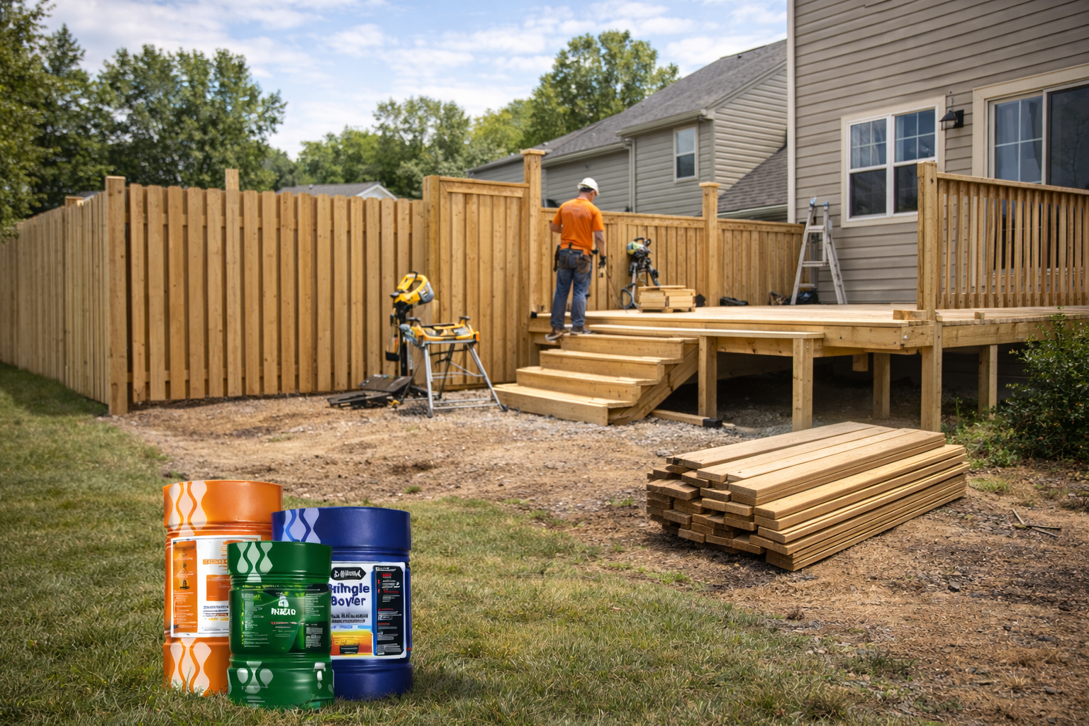 Construction workers building a wooden deck in a backyard, with tools, wood piles, and buckets in the foreground.
