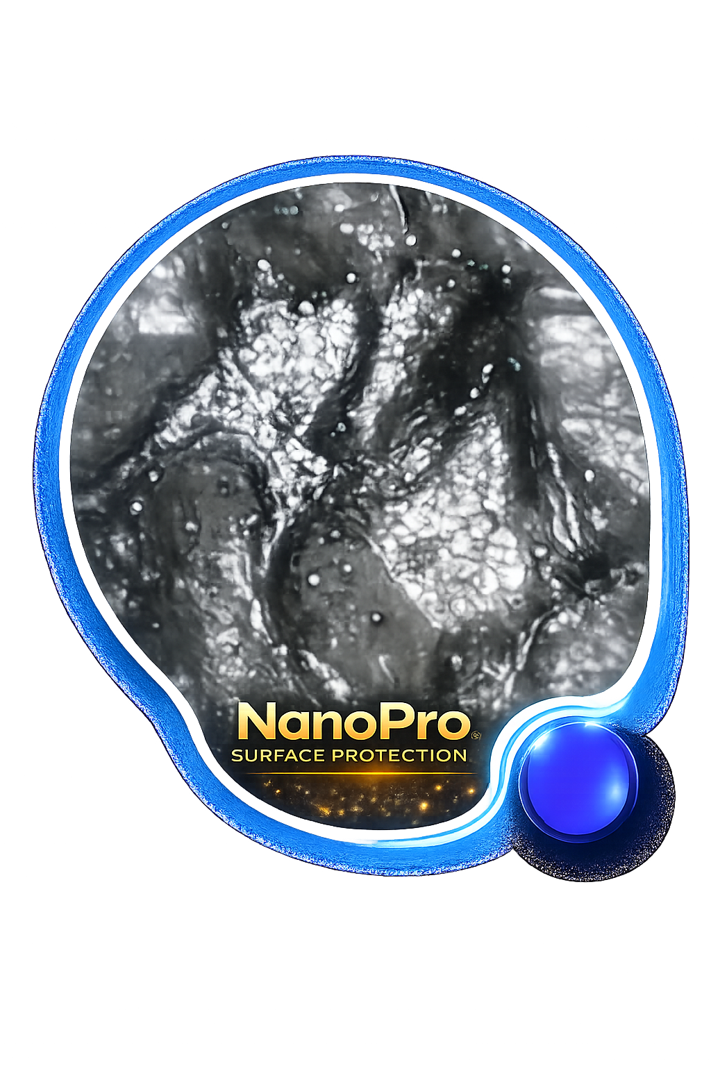 Close-up of a black-and-white microscopic or medical image with branches and textures, framed by a blue and black device labeled 'NanoPro Surface Protection'.