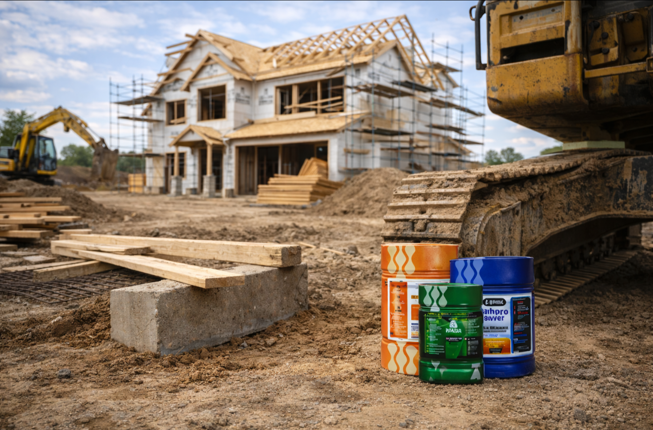 Construction site with a partially built house, construction equipment, and paint buckets in the foreground.