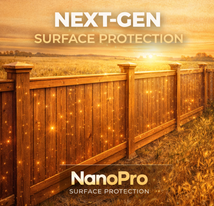 Wooden fence with a field and sunset in the background, advertising NanoPro surface protection.