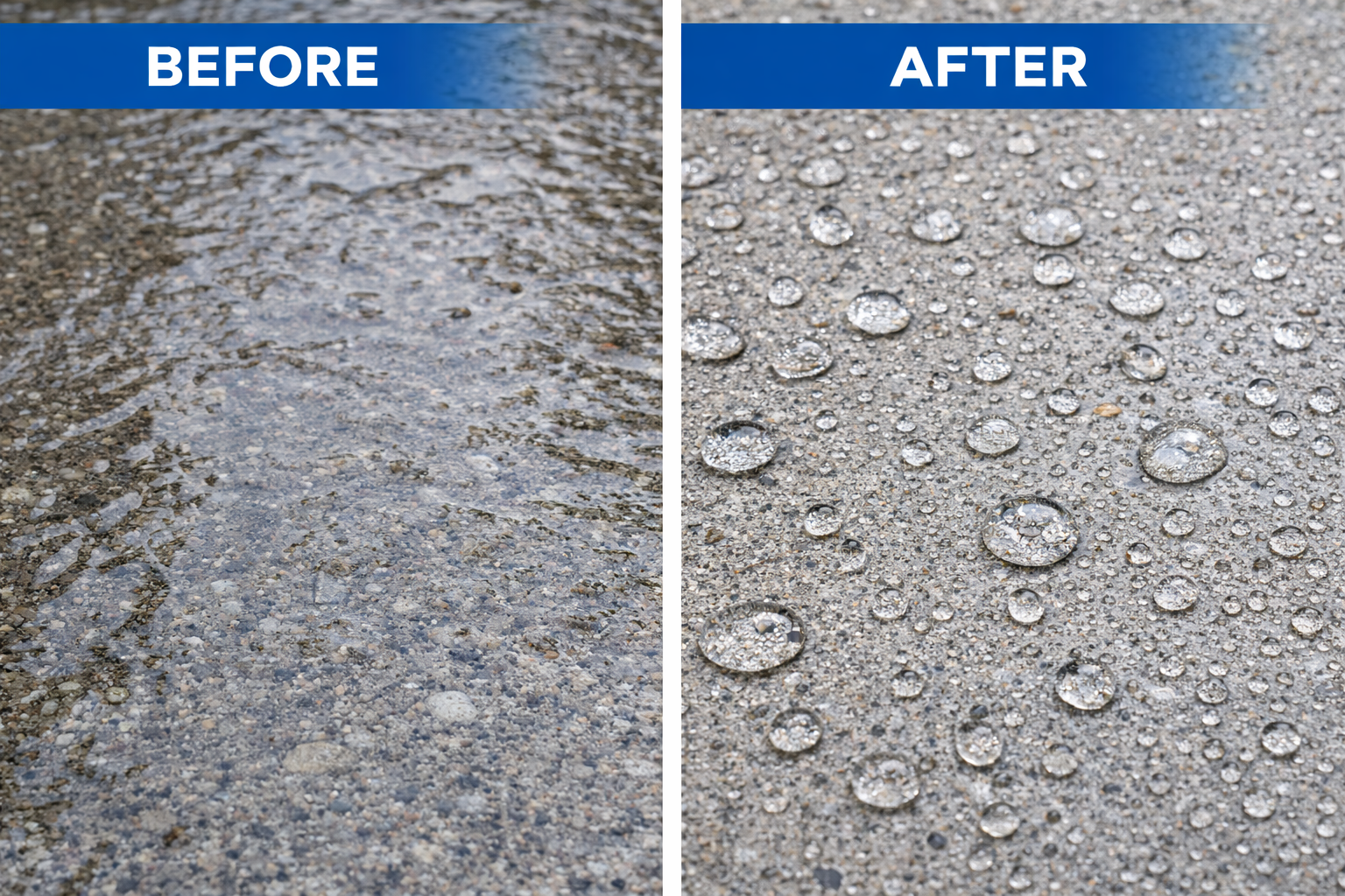 Comparison of wet and dry concrete pavement; on the left, wet with water; on the right, dry with water droplets.