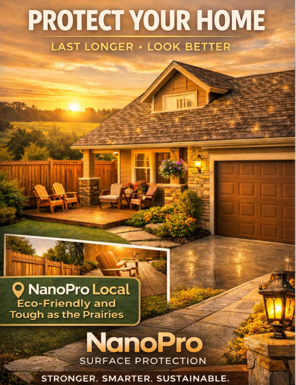 A house with a landscaped front yard during sunset, featuring a driveway, outdoor seating area, plants, and a lamp post, promoting NanoPro surface protection.