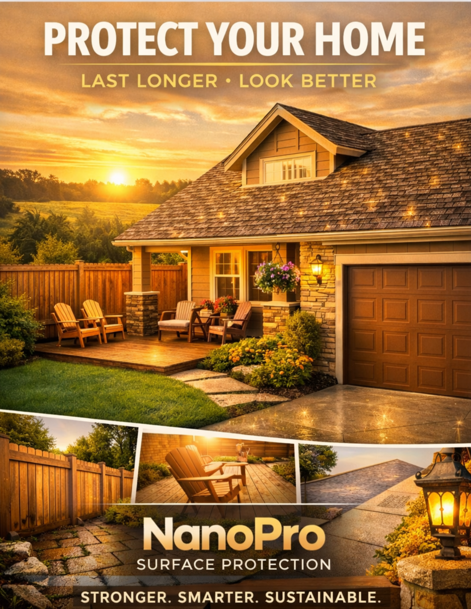 A promotional image showcasing home exterior and backyard areas with a focus on surface protection. The main image features a house with a wooden deck, patio chairs, flowers, and a well-maintained lawn at sunset. Smaller inset images highlight outdoor seating, a stone pathway, and a lit garden lamp, emphasizing durable surface protection products, NanoPro, branded for stronger, smarter, sustainable surface care.