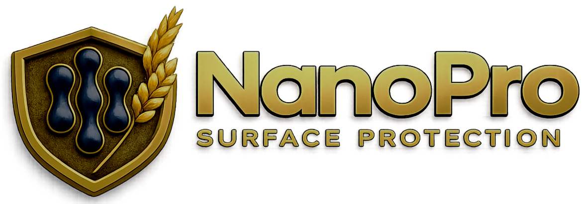 Logo for NanoPro Surface Protection with shield icon and wheat design