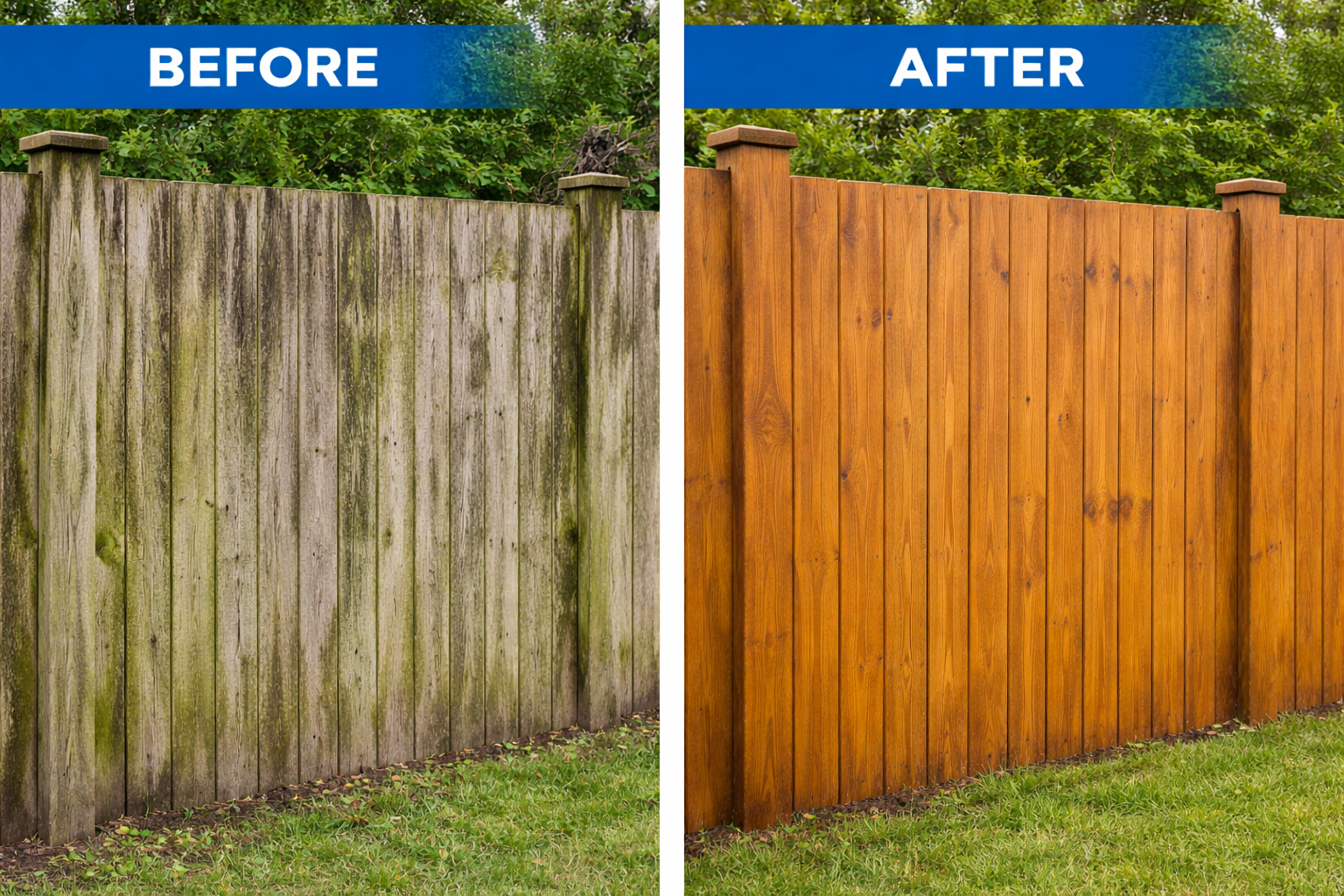 Comparison of a weathered, mossy wooden fence on the left and a new, stained wooden fence on the right with greenery in background.
