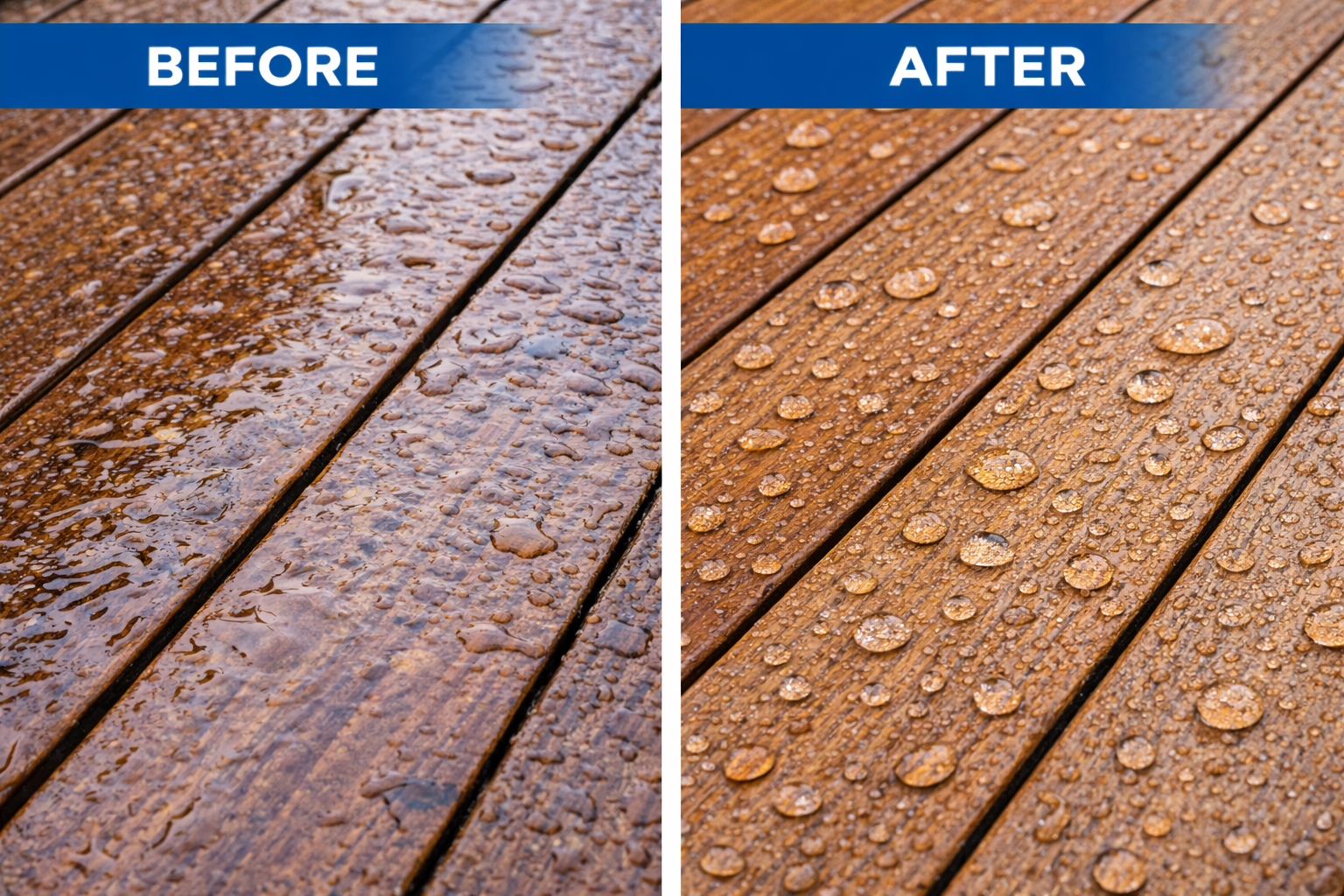 Comparison of a wooden deck before and after cleaning, showing water droplets on the surface in both images.