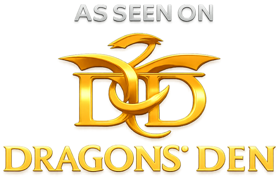 Logo with the words 'As Seen On' at the top, a stylized gold dragon intertwined with a decorative 'D' and 'D' in the center, and 'Dragons' Den' in gold at the bottom.