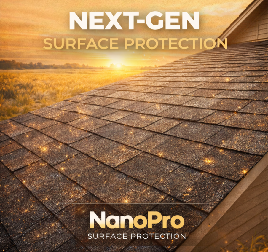 Close-up of a shingled roof at sunset with a field in the background, advertising next-generation nanoPro surface protection.