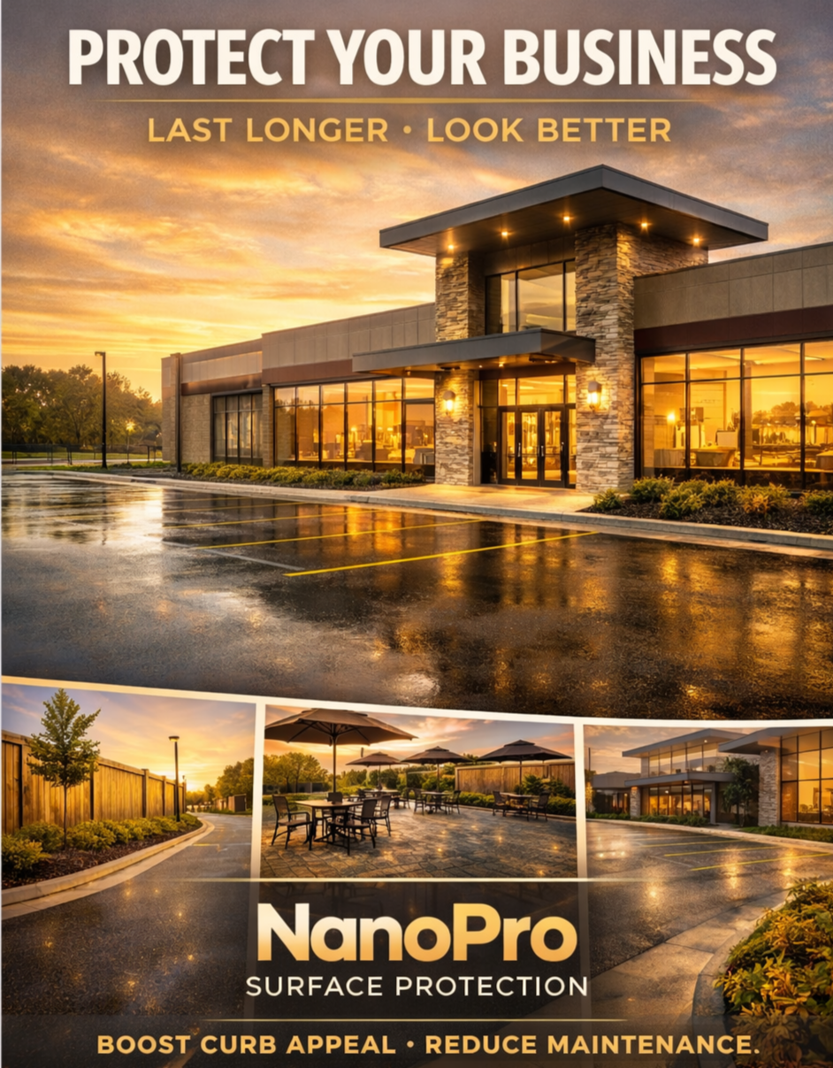Advertisement for NanoPro surface protection showing a commercial building and outdoor seating area during sunset. The ad highlights benefits like longer-lasting protection, improved appearance, curb appeal, and maintenance reduction.