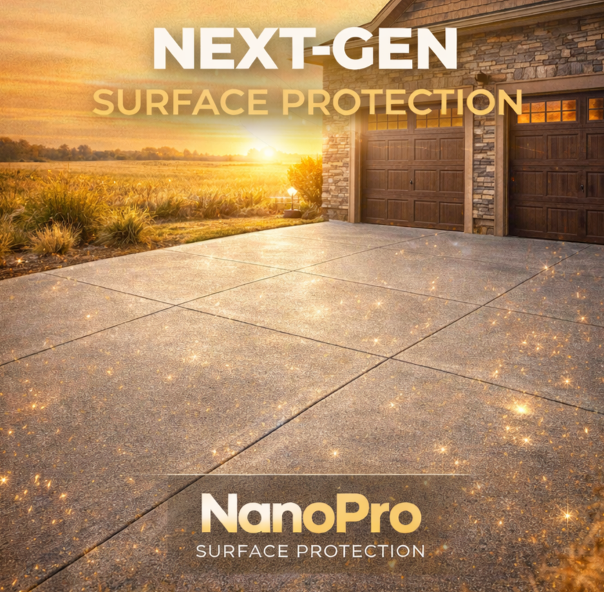 Sunset over a concrete driveway next to a house with a garage, advertising NanoPro surface protection