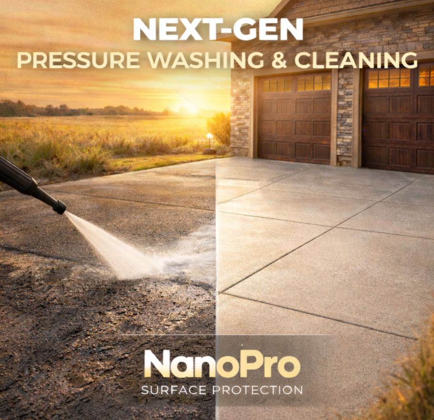 Split image showing a driveway being pressure washed on the left and fully cleaned on the right, promoting NanoPro surface protection for driveways.