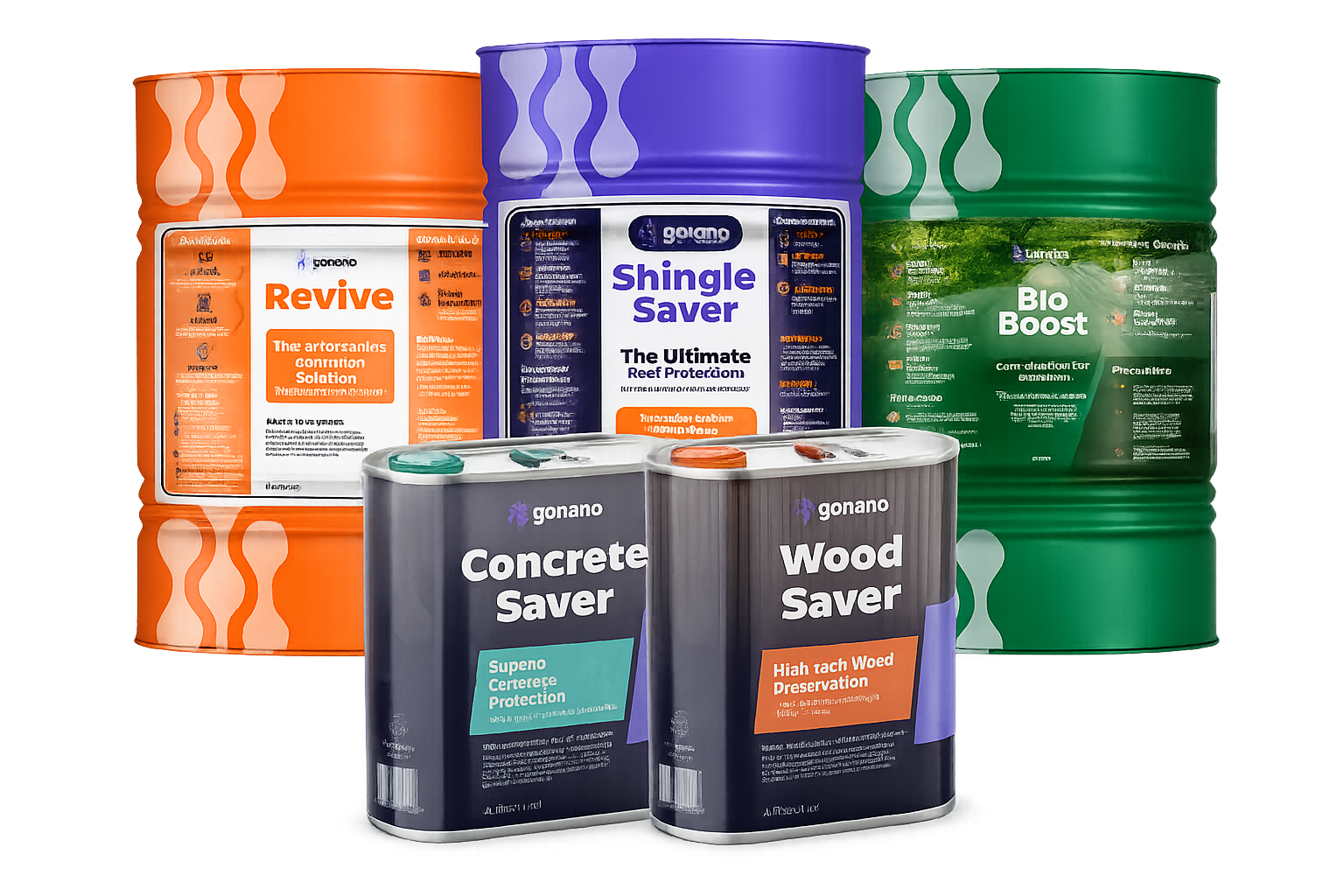 Assorted cans of wood, concrete, and siding sealers and preservatives, including 'Revive,' 'Shingle Saver,' 'Bio Boost,' 'Concrete Saver,' and 'Wood Saver' on a reflective surface.