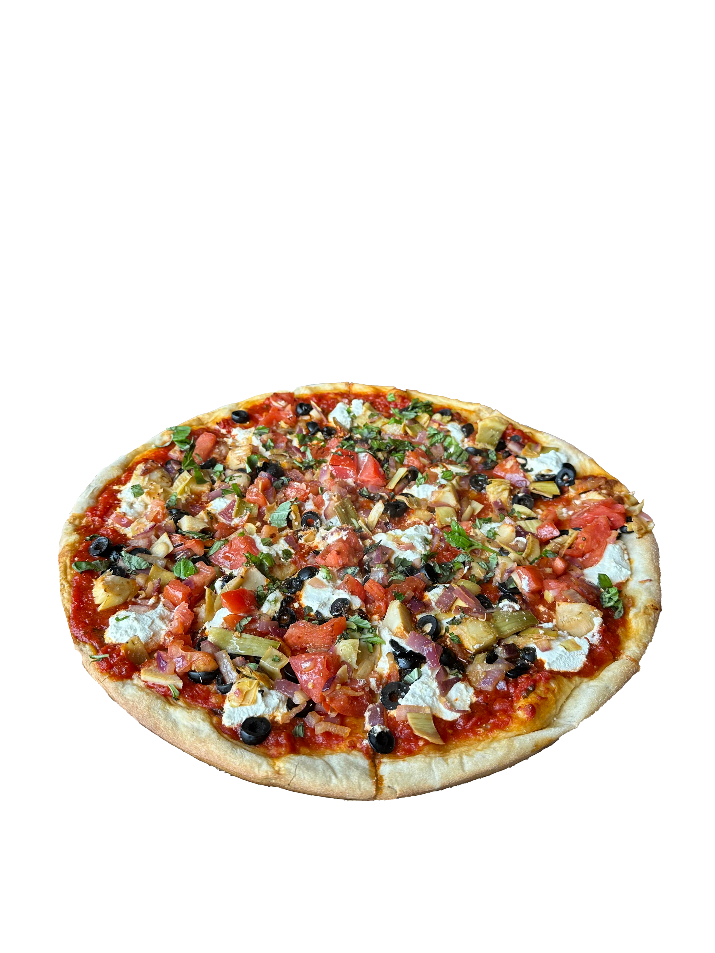 A decorated vegetarian pizza with black olives, chopped tomatoes, green peppers, onions, and herbs on a golden crust.