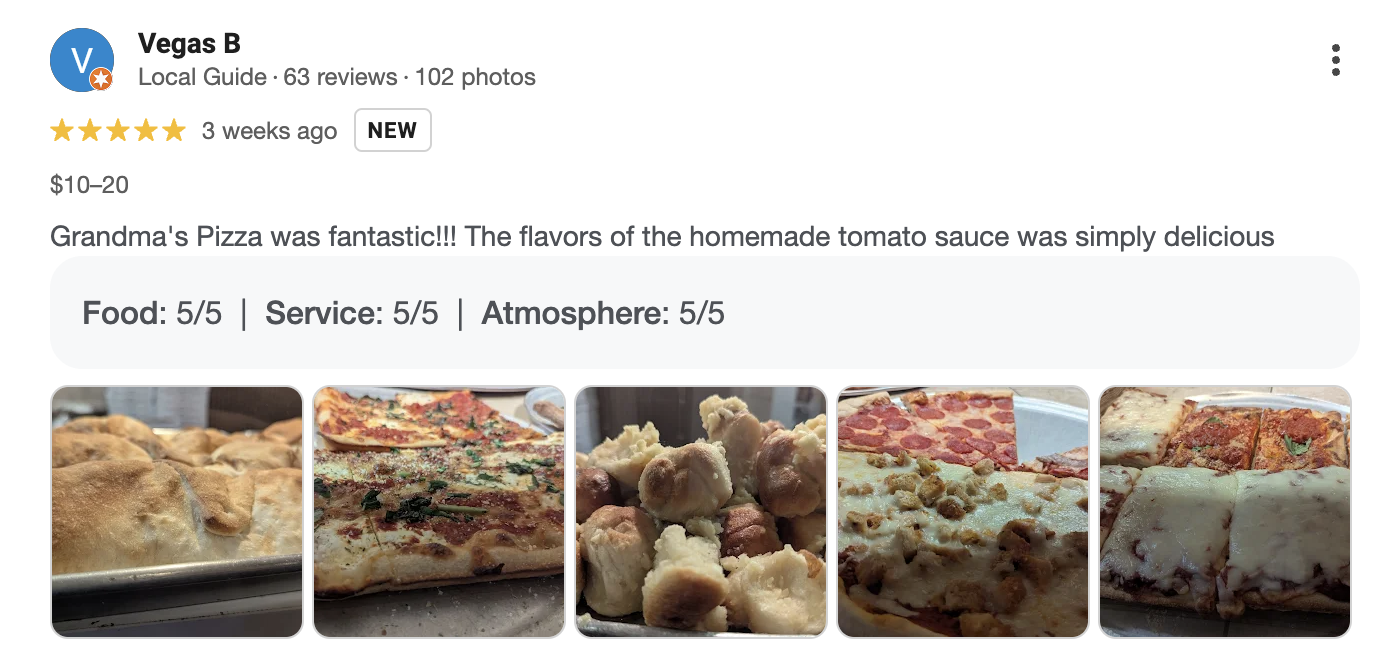 Close-up images of various pizzas and breadsticks served at a restaurant.