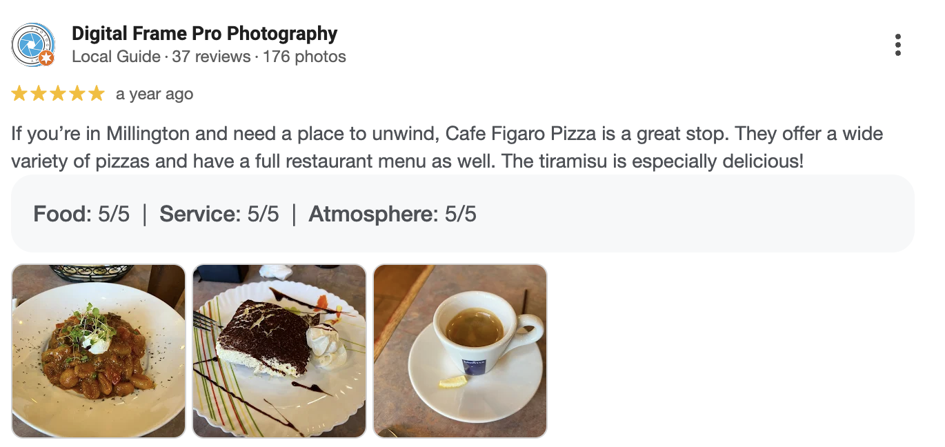 Photos of two plates of food, a cup of coffee, and an iced coffee on a table. The first plate has a savory dish with herbs, the second has a tiramisu dessert with chocolate, whipped cream, and caramel sauce, and the third has a small white cup of black coffee with lemon.