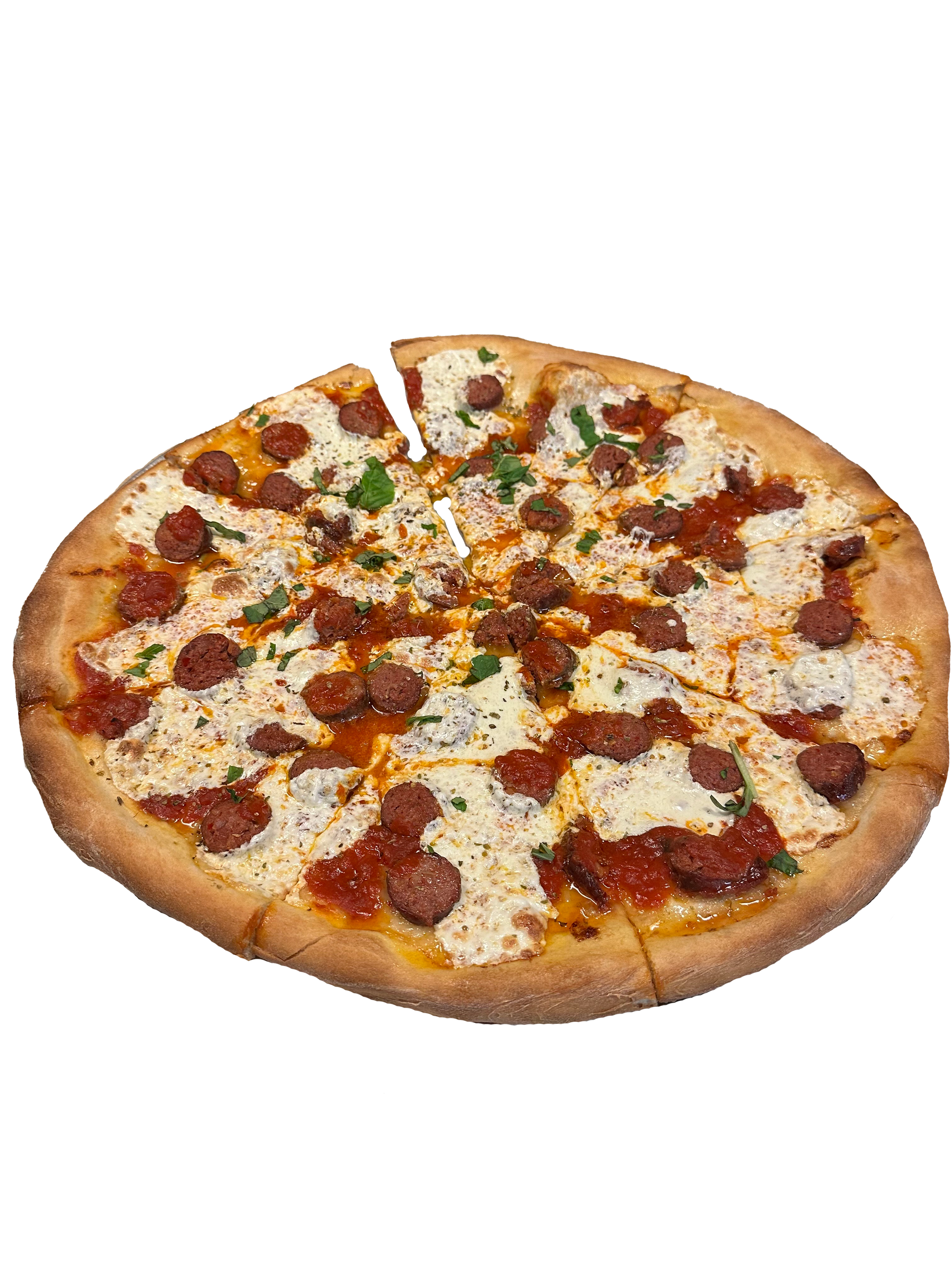 A large pepperoni and cheese pizza with fresh herbs, sliced into eight pieces.